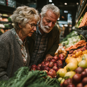 Літня жінка із свіжими овочами та фруктами