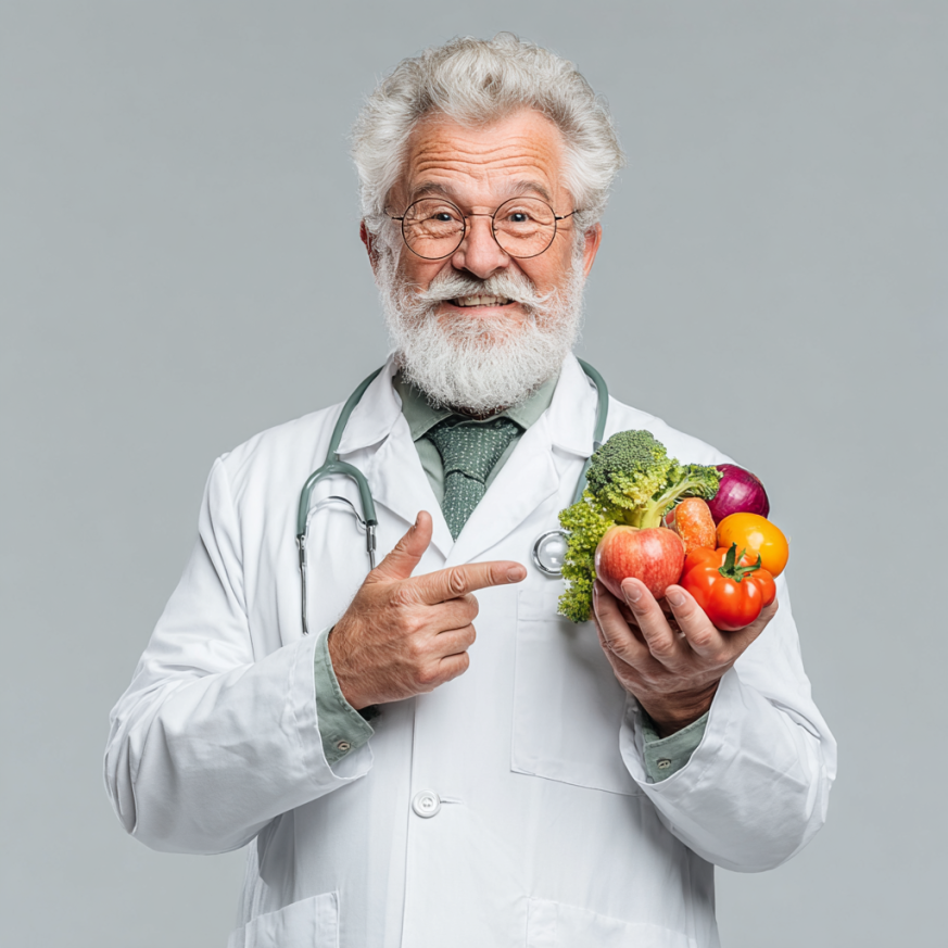 Літній чоловік із здоровими продуктами харчування
